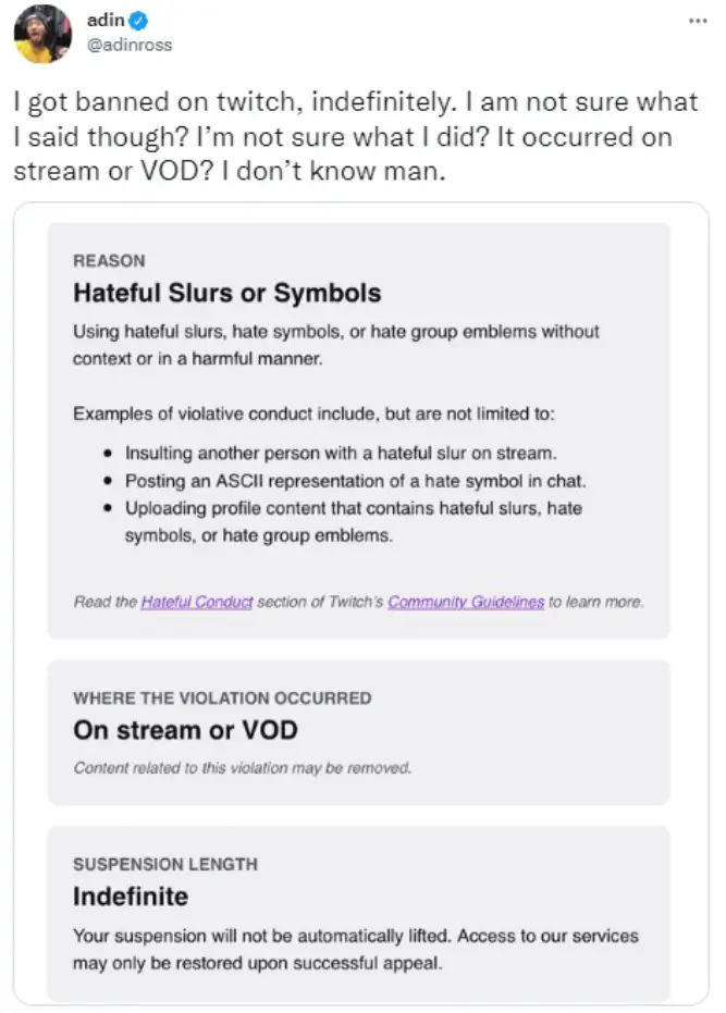 Adin Ross's deleted tweet about his Twitch ban for using homophobic slur.