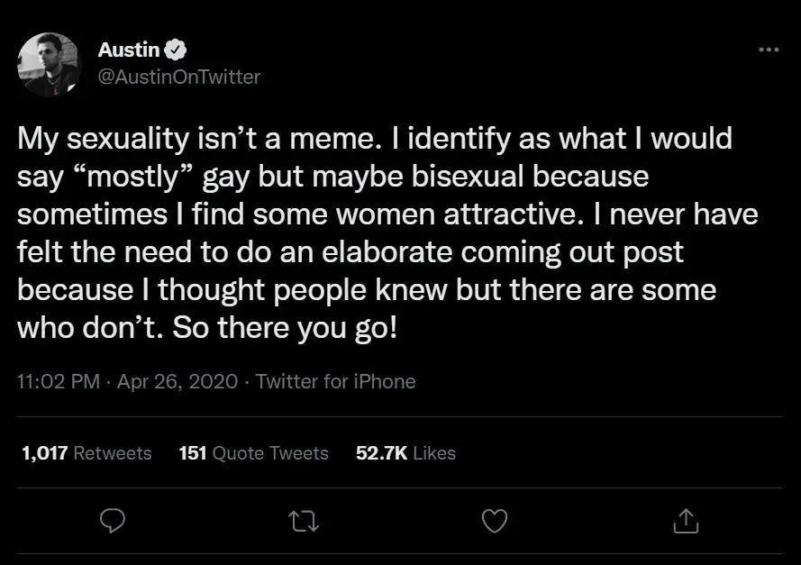 AustinShow addresses his sexuality by coming out as gay on Twitter