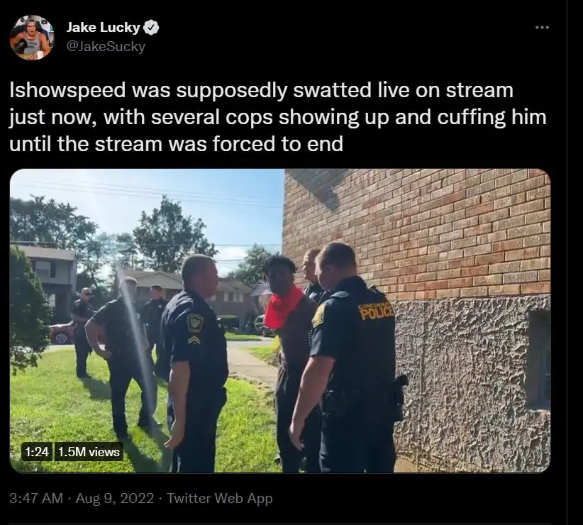 Jake Lucky shares a video of IShowSpeed being swatted during livestream