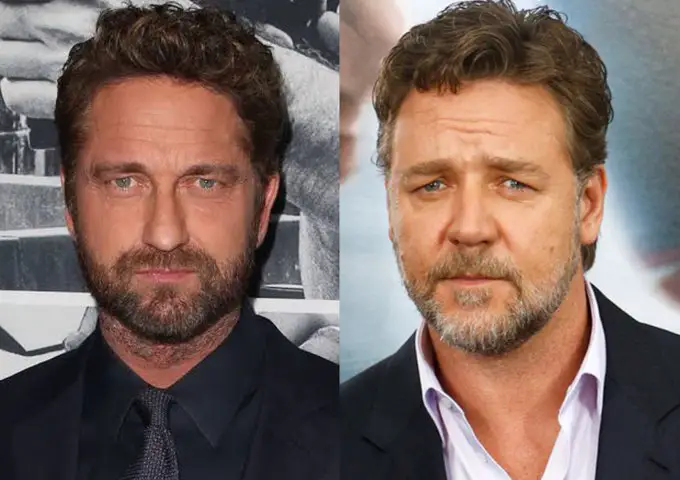 Russell Crowe and Gerard Butler side-by-side look-alike comparison.