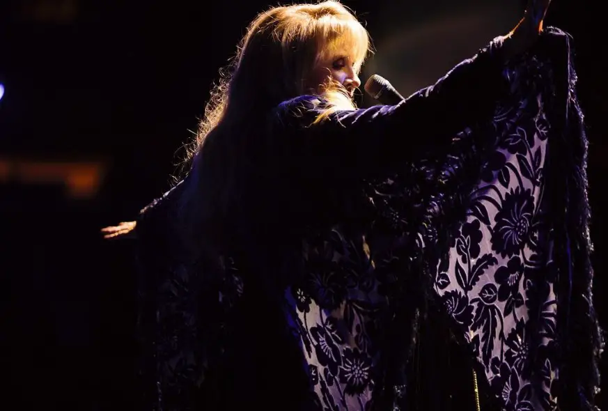 Stevie Nicks in her witch like outfit during a concert.