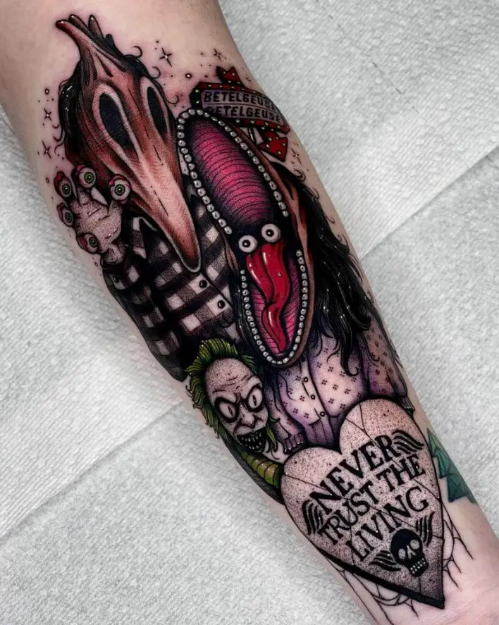 Sleeve tattoo inspired from Tim Burton's movie Beetlejuice.