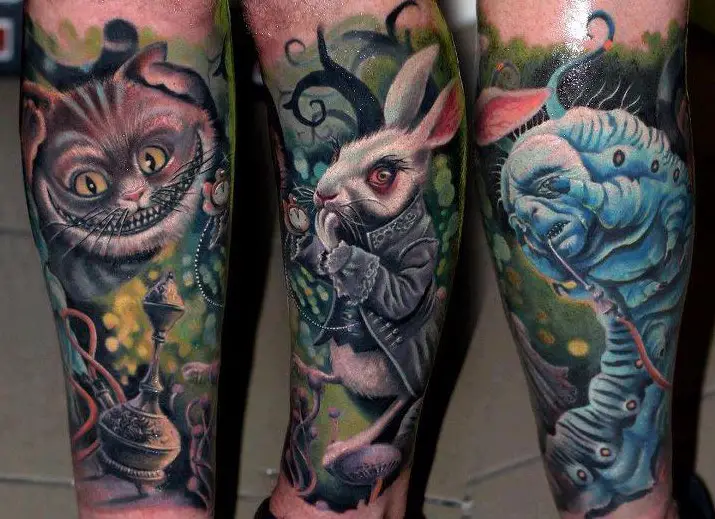 Sleeve Tattoos inspired by Tim Burton's Alice in Wonderland.