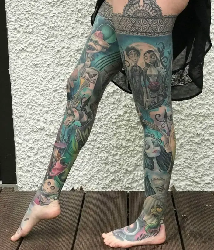 A combination sleeve tattoo of all of Tim Burton's characters from his movies.