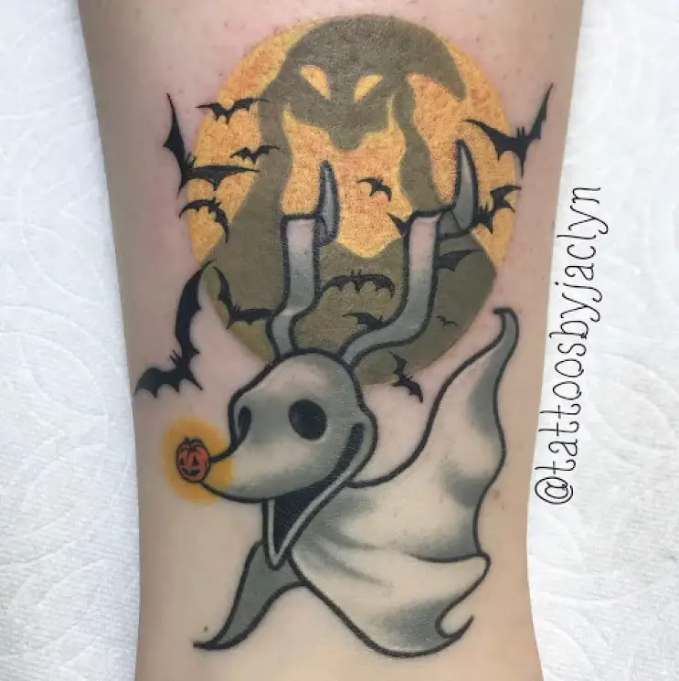 Tattoo of Zero, the ghost dog, from Tim Burton's The Nightmare Before Christmas.