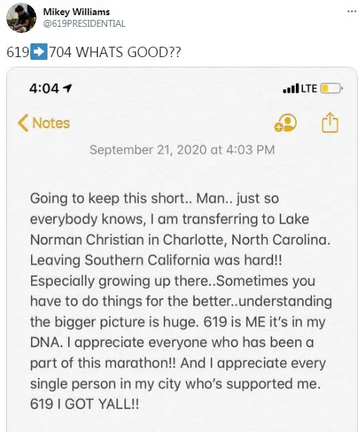 Mikey Williams announced his transfer to Lake Norman Christian School in North Carolina